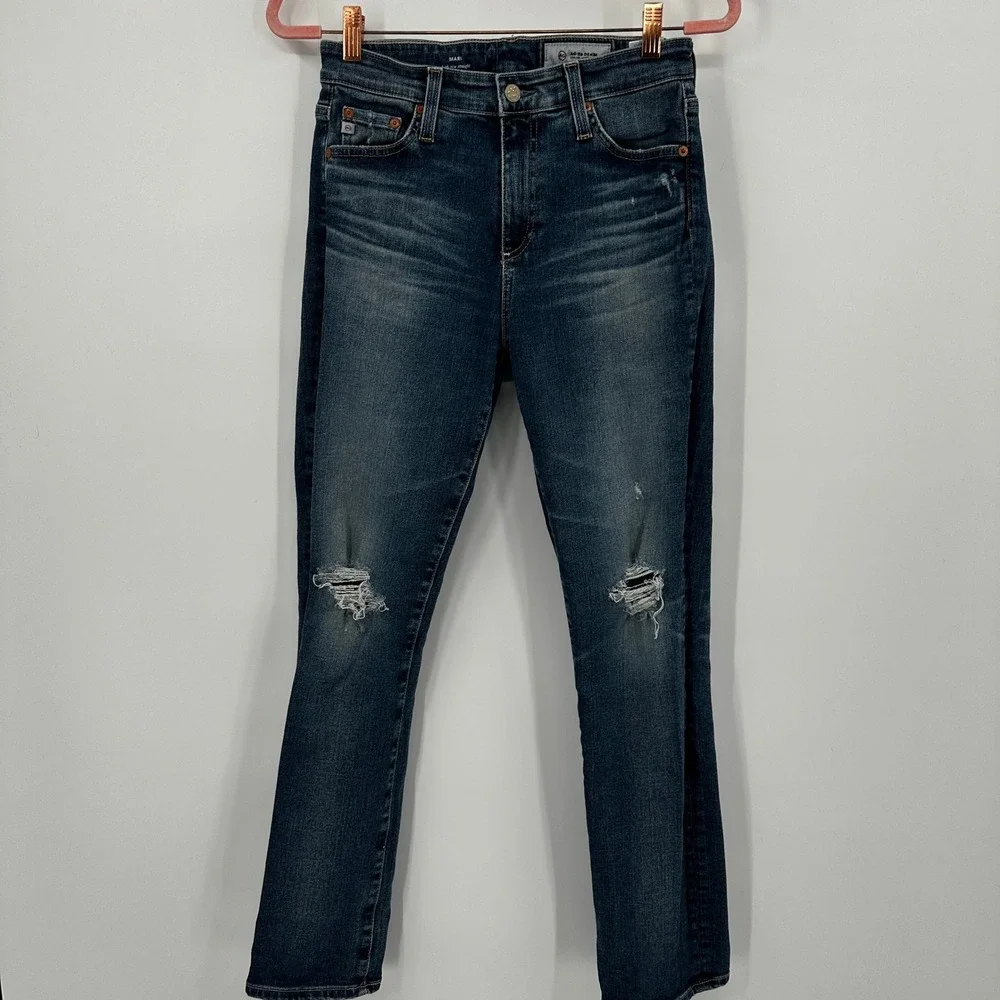 AG Adriano Goldschmied Mari High Rise Straight Jeans Distressed Blue 27R
